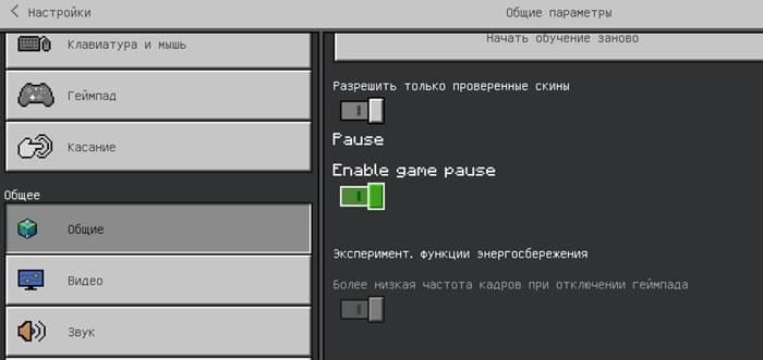 Настройка паузы в игре